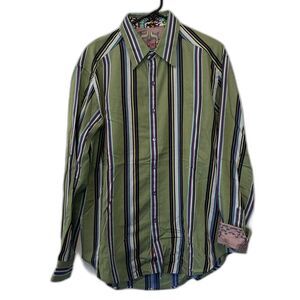 Robert Graham Mens L Long Sleeve Shirt Button Down Green Stripe Flip Cuff Large